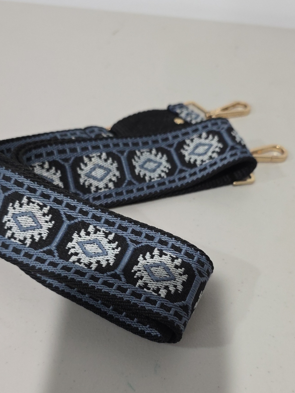 Pom Pom London Woven Black and Blue Embroidered Crossbody Strap NWOT